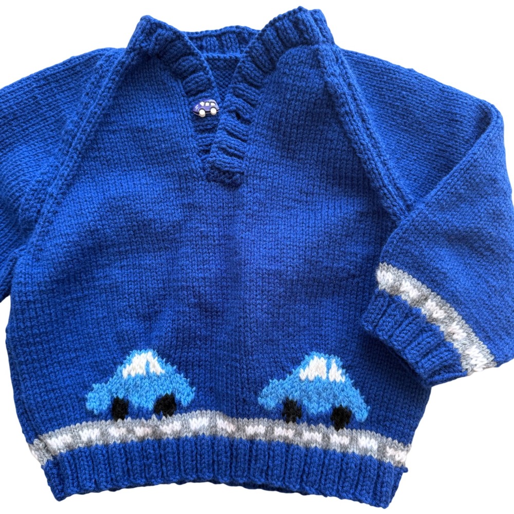 Intarsia Handmade Knit Car Sweater Kids 4T Blue Raglan Transportation Retro Cute
